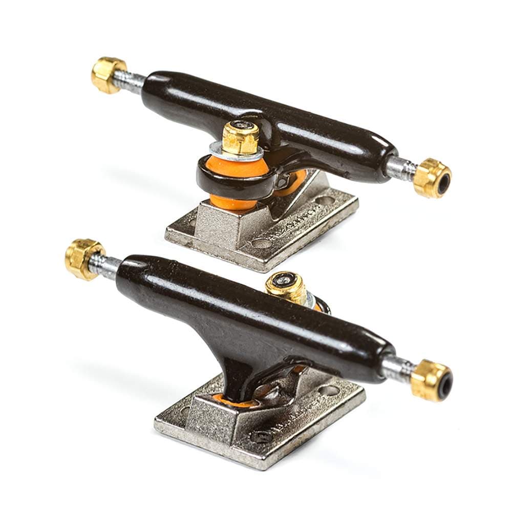A pair of Blackriver Trucks (BRTs) with black hangers, silver baseplates, gold locknuts and orange bushings, from the Blackriver shop trucks category.
