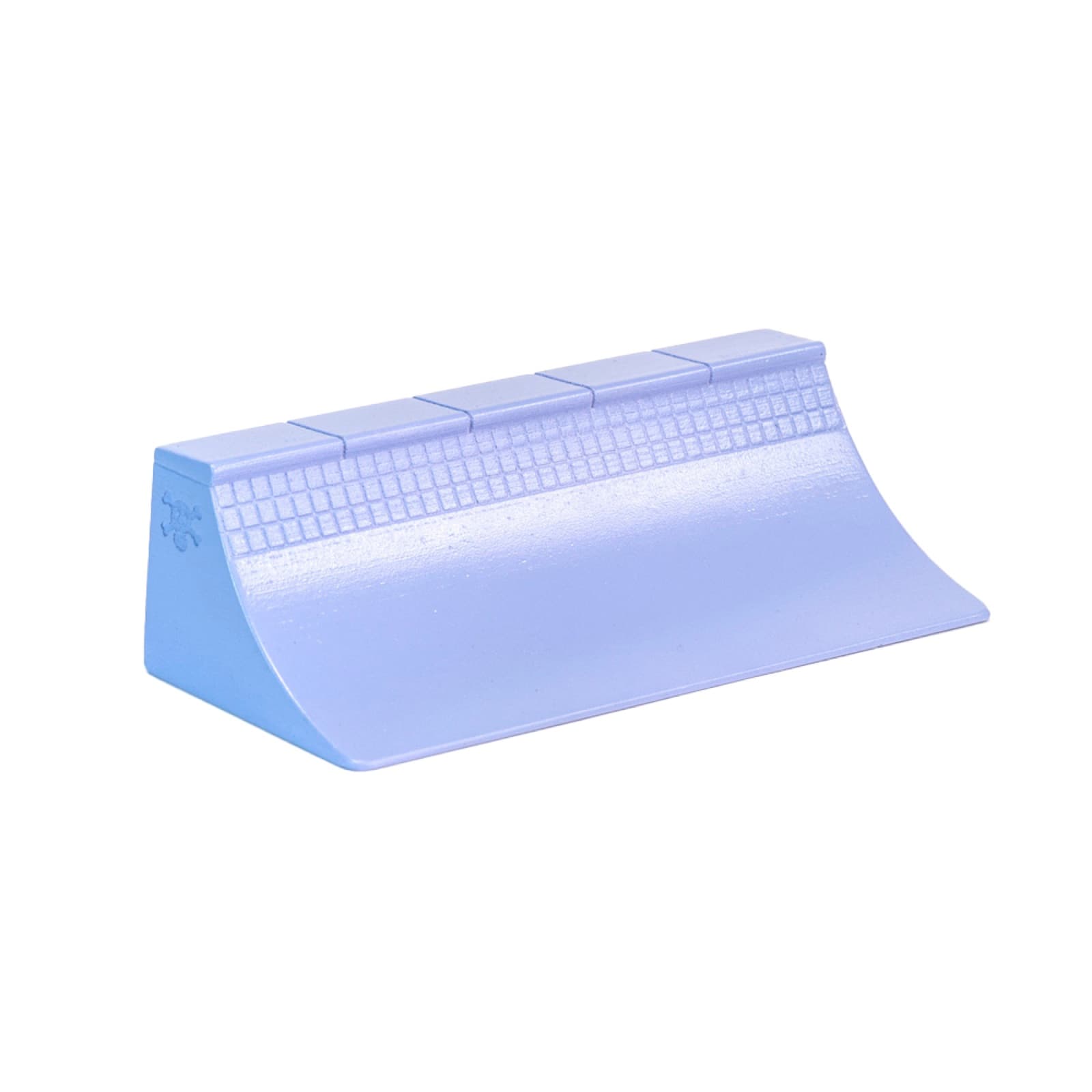 A purple ceramic quarter-pipe fingerboard obstacle by Blackriver.