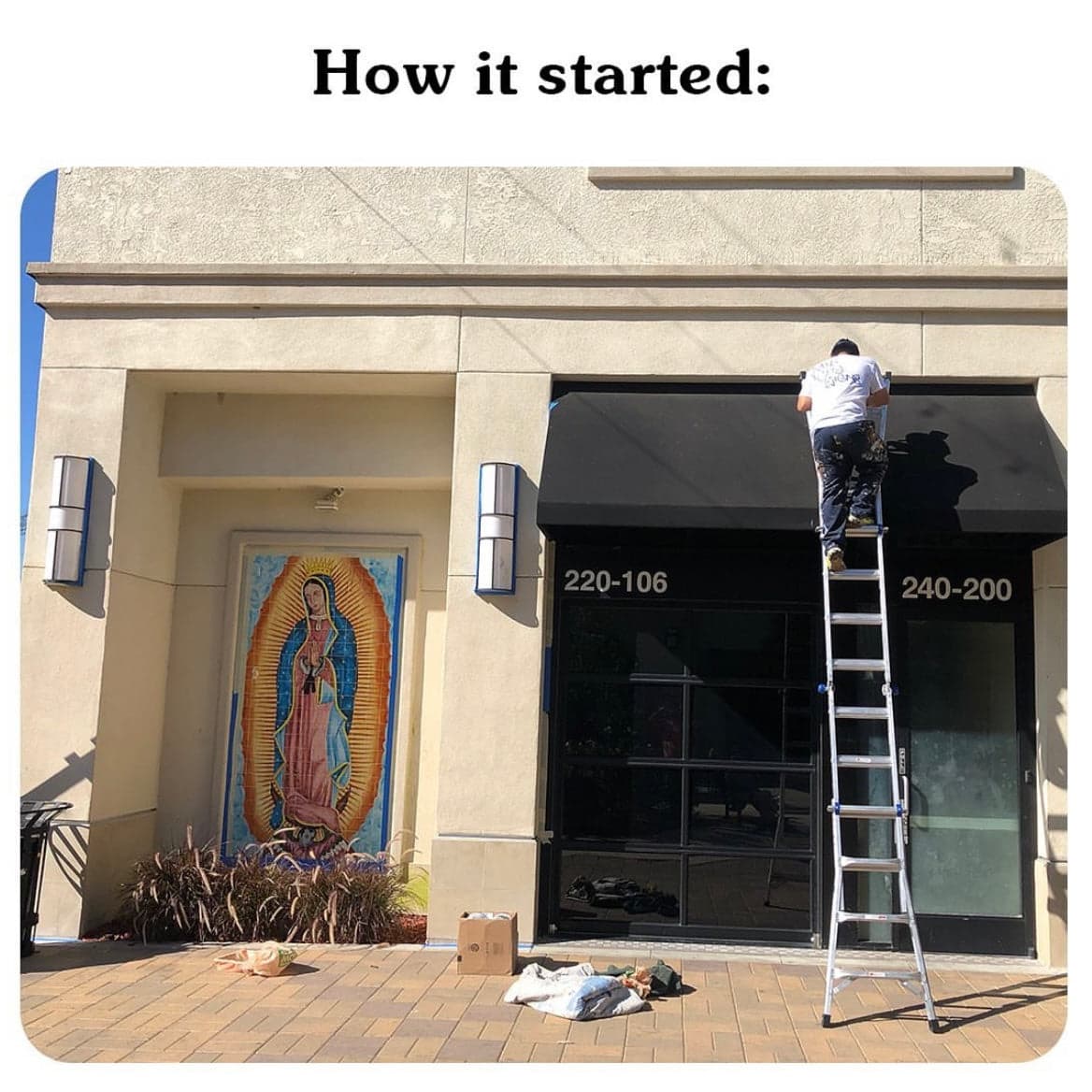 The Slushcult Mini Mart space during buildout, with a worker on a ladder over the bare storefront.