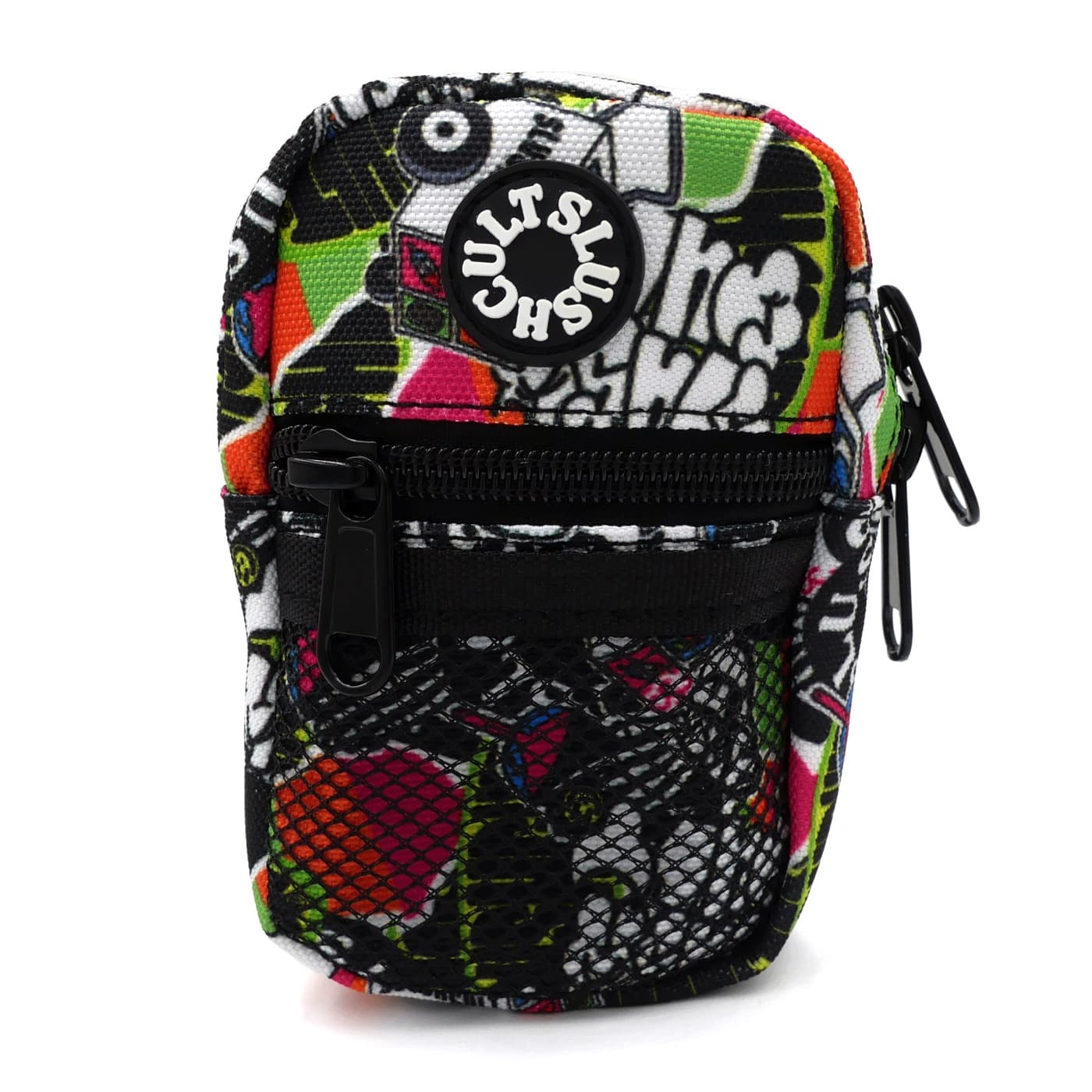 A Slushcult Mini Side Bag covered in the brand's sticker-slap print, with a mesh front pocket and black zippers.