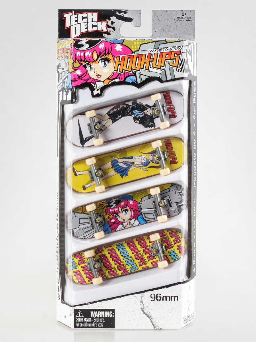 Tech Deck Hook-Ups 4-pack fingerboard set sold product photo with anime graphics.