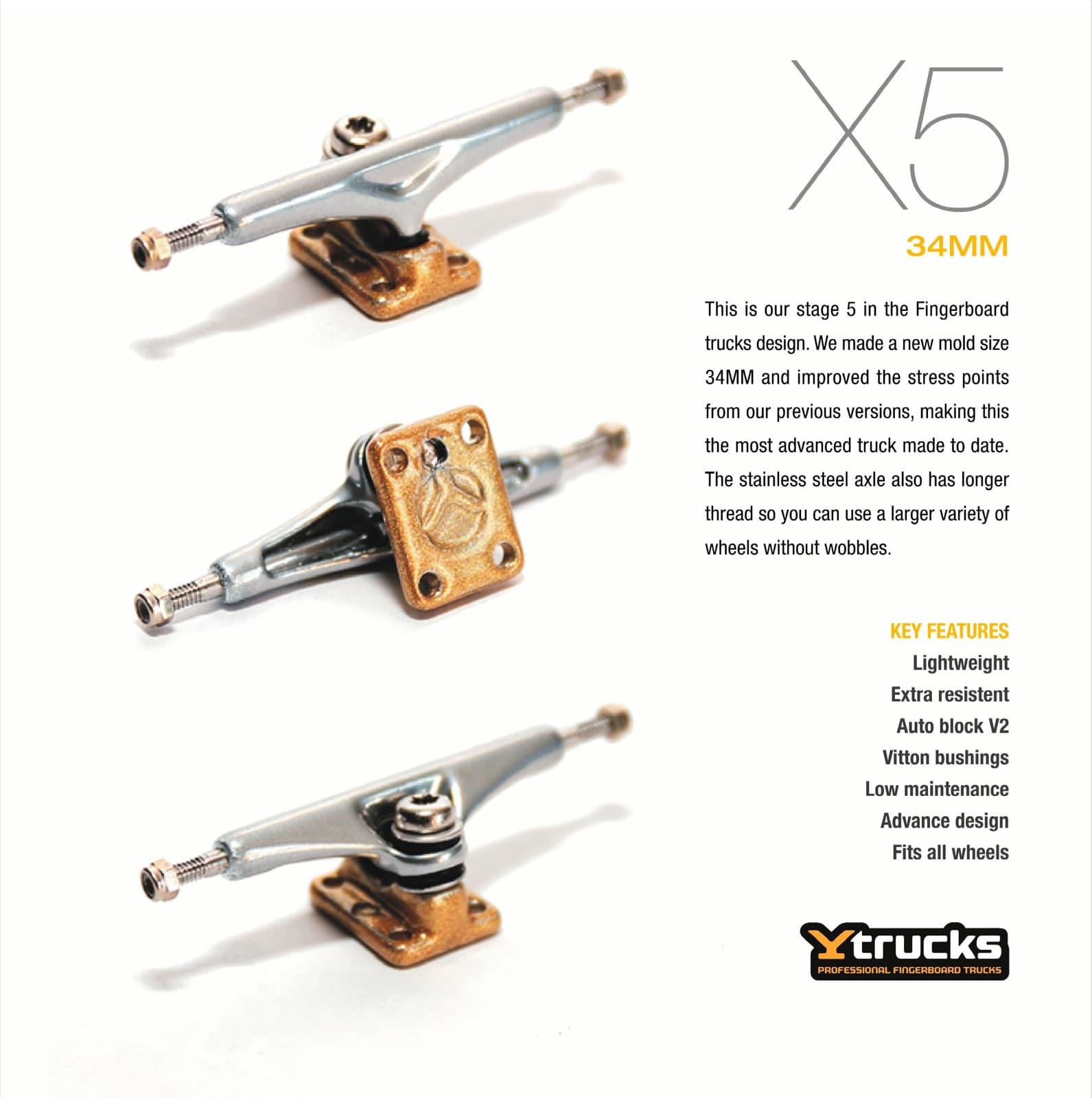 Ytrucks X5 34mm fingerboard trucks spec sheet with silver hangers and gold baseplates.