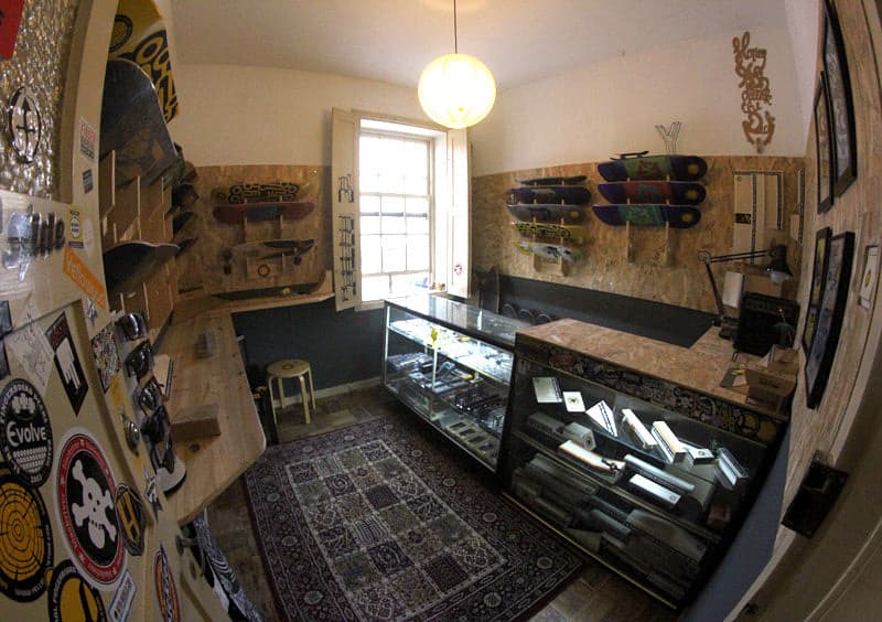 The Yellowood physical skate shop counter and displays.