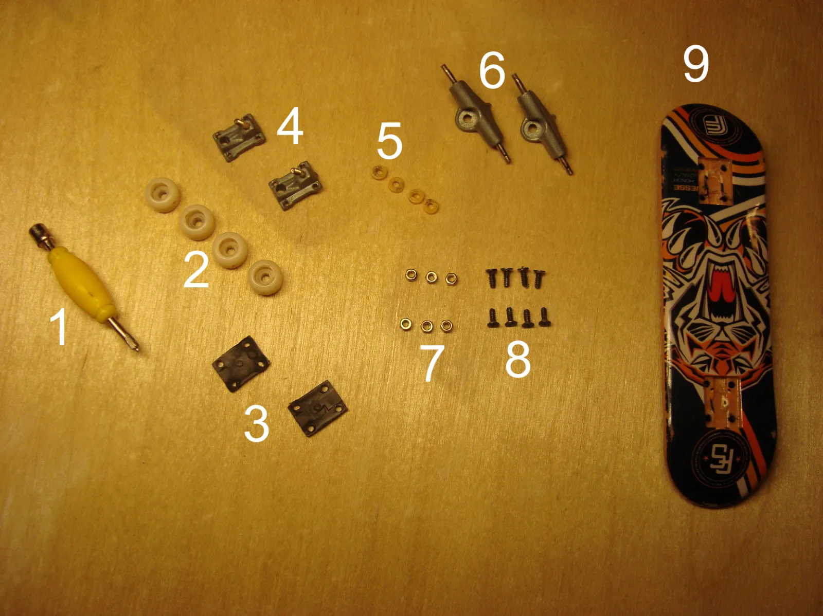 A labeled diagram of a fingerboard's parts, including the deck, trucks, kingpin, bushings, and wheels.
